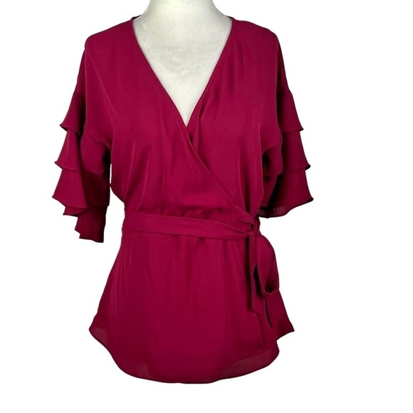 H by HALSTON WOMEN'S‎ RED RUFFLE SHEER SHORT SLEEVE WRAP TOP - Picture 1 of 10